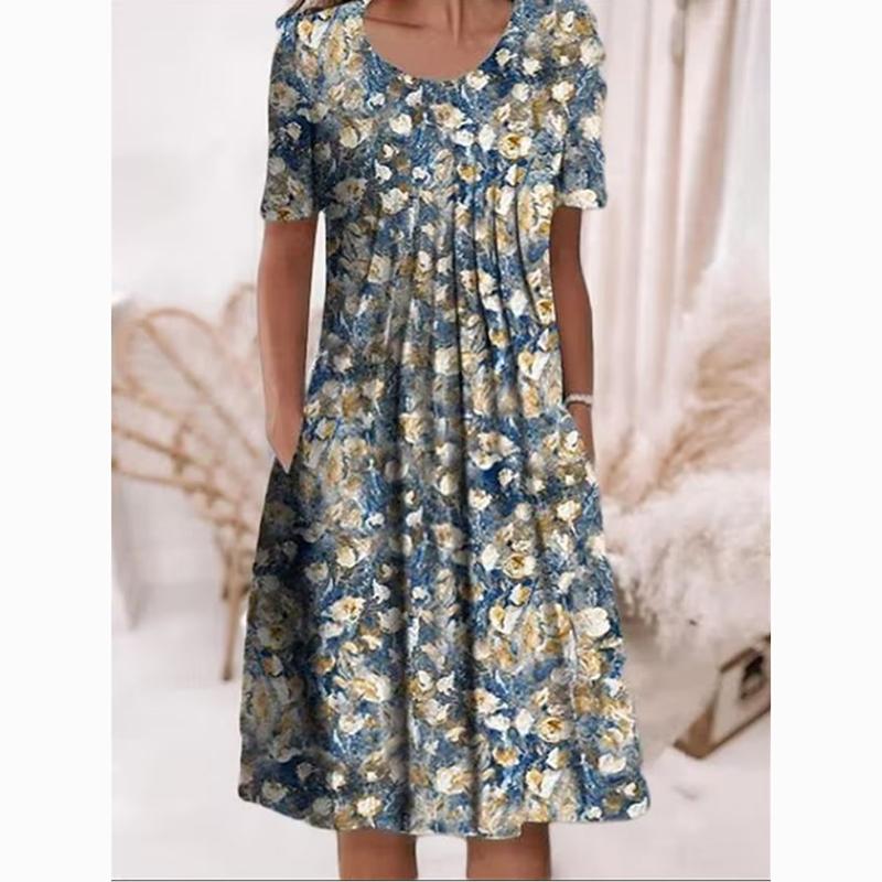 Весенне-летнее повседневное платье больших размеров с цветочным принтом для женщин, элегантное свободное длинное платье трапециевидной формы, женские платья с карманами и круглым вырезом 24063