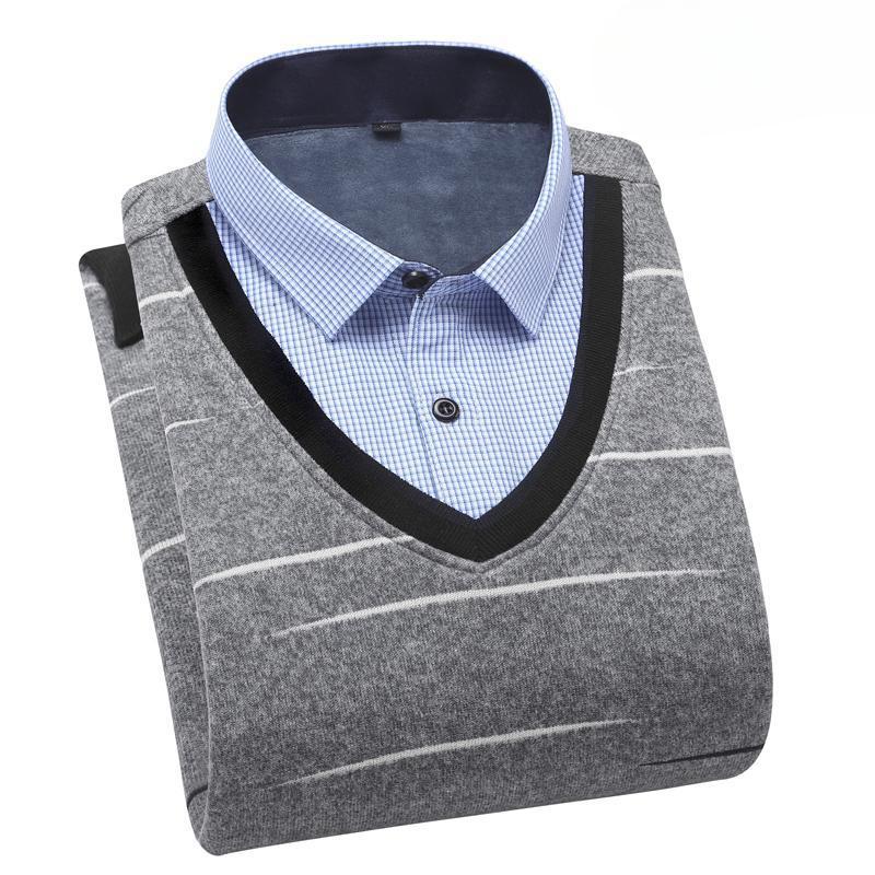 Осенне-зимний бархатный утолщенный поддельный свитер с длинными рукавами и воротником-стойкой для мужчин, повседневный теплый вязаный свитер