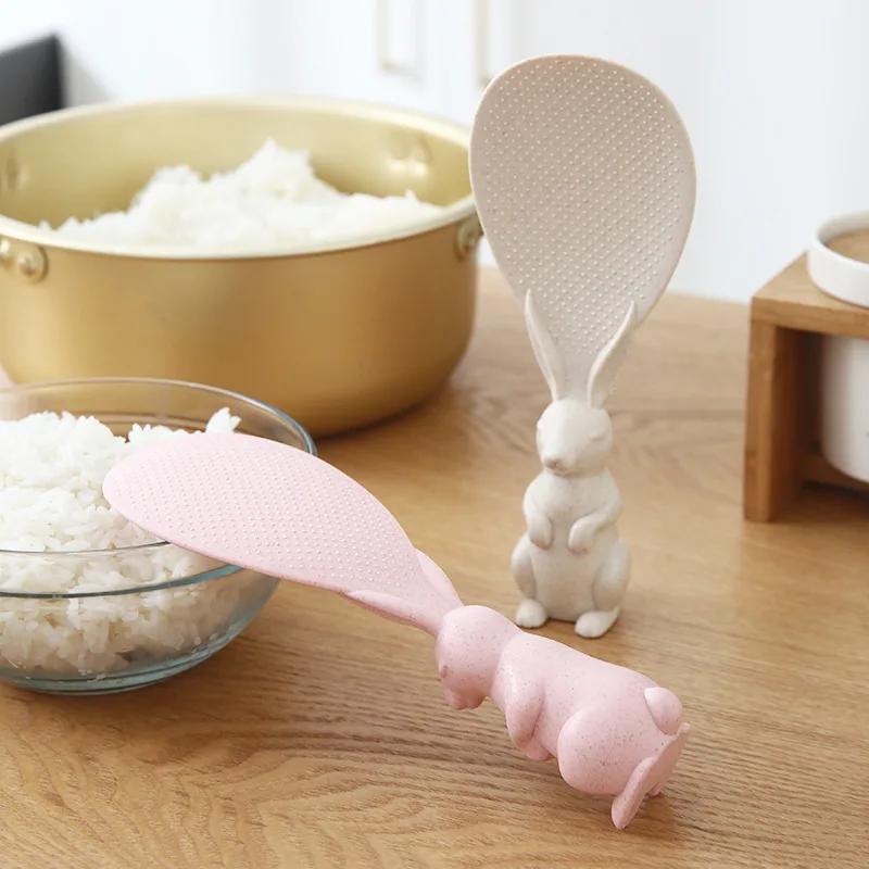 Ложка-кролик из пшеничной соломы, может стоять, лопатка для риса-кролика, ложка для плиты, креативная антипригарная ложка для риса, мультяшная ложка для риса