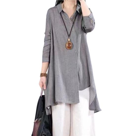 Women Shirt Lapel Long Sleeve Single Breasted Shirt Tops Irregular Hem Solid Color Mid-length Leisure Shirt