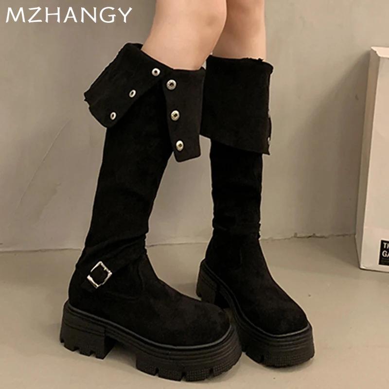 Женские замшевые высокие сапоги на толстом каблуке выше колена, женская обувь 2025 года, трендовая зимняя мода, ретро-сапоги для мотоциклистов, Mujer Botas