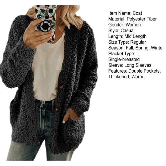 Зимняя женская куртка с двойными карманами, плотный флисовый однобортный кардиган с длинными рукавами, теплое ветрозащитное, сохраняющее тепло уличное пальто