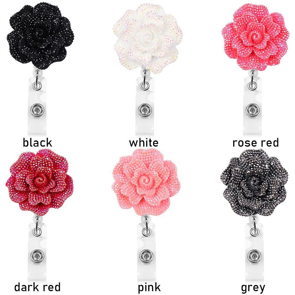 Unisex Stationery Retractable Lanyards ID Name Card Key Ring Badges Holder Rose Shape Badge Reel