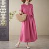 Plus Size Women Spring Loose Cotton Linen Dresses Autumn Long Sleeve Dress Pink