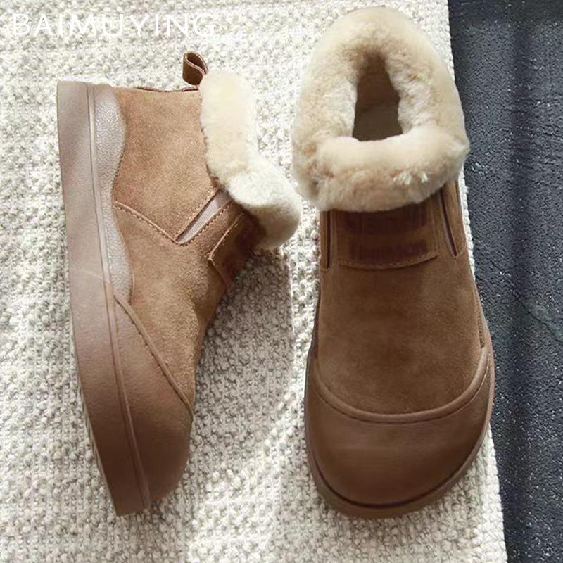 Меховые женские туфли на плоской подошве, зимние ботильоны, замшевые короткие плюшевые повседневные хлопковые туфли 2025 года, дизайнерские зимние прогулочные теплые зимние ботинки Mujer