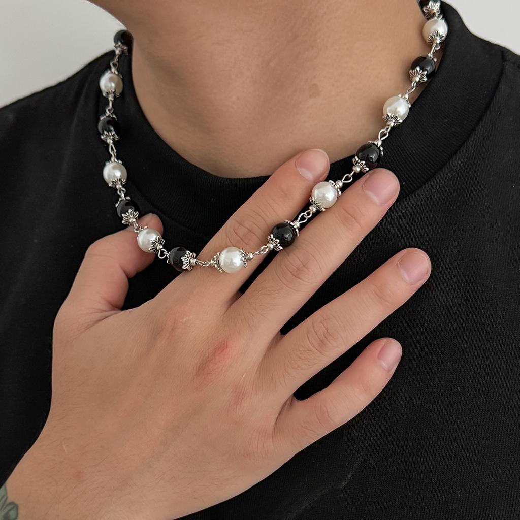 SHIXIN Hip Hop Colourful Beaded Chain Necklace for Men New Fashion Smooth Imitation Pearl Choker Male Jewelry Neck Accessories