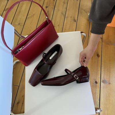 2025 весна новая квадратная голова с маленькими кожаными туфлями толстый средний каблук мелкий вырез универсальные Мэри Джейн модные женские туфли