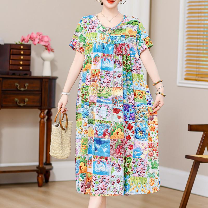 Plus Size Elegant Loose Dresses for Women Oversize Short Sleeve Vintage Print Long Dress Casual Middle-aged Women's Clothing
