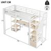 Loft Bed, 90 x 200 cm, Iron Frame, Storage Compartment, Ladder with Storage Space, Desk, LED Light Strip, USB Port Included, without Mattress, White