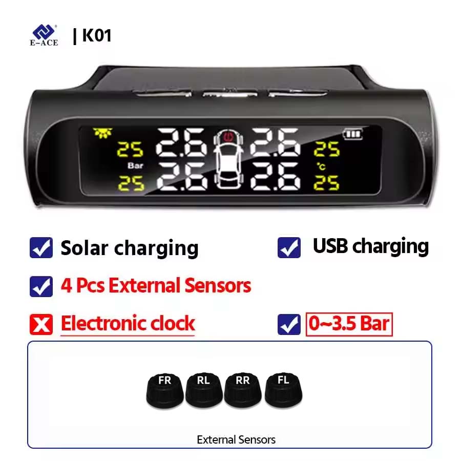 E-ACE Автомобильная Солнечная Система Мониторинга Давления в Шинах TPMS Цифровой Дисплей tpms на Солнечной Энергии Сигнализация Безопасности Датчик Давления в Шинах 4 Колеса