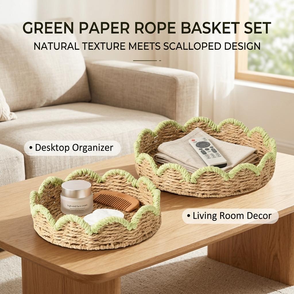 Green Paper Rope Storage Basket With Lace Design For Desk Organization