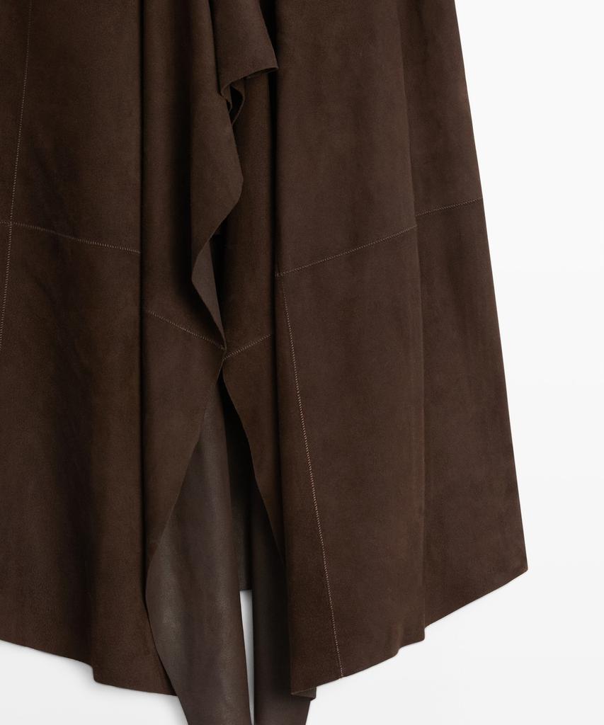 Masimodutti Suede Leather Ruffle Detail Midi Skirt