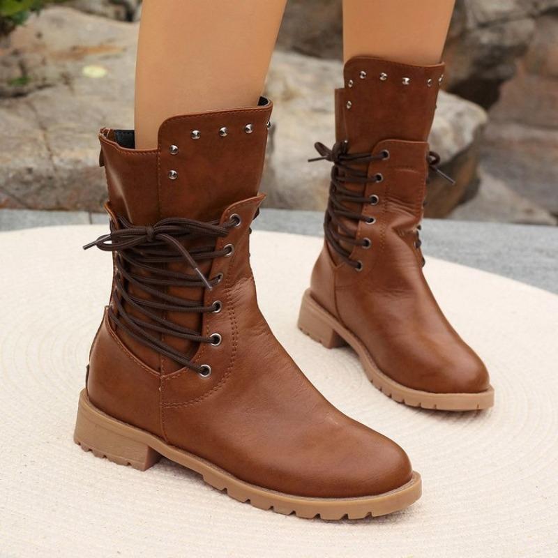 Large Size Boots Women's Autumn and Winter New Locomotive Boots Wind Lace-up Retro Wind Rivet Knight Boots Women