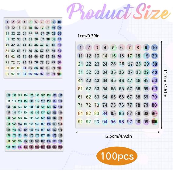 1-200 Consecutive Number Stickers 0.4 Inch Holographic Vinyl Number Stickers Labels Laser Mini Self-Adhesive Number Labels Small Round Removable
