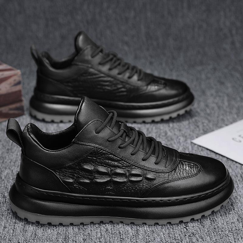 Fashion Men Faux Cowhide Crocodile Print Sneakers Casual Leather Shoes Men's Versatile Thick Soled Wear Resistant Shoes Men's Work Shoes