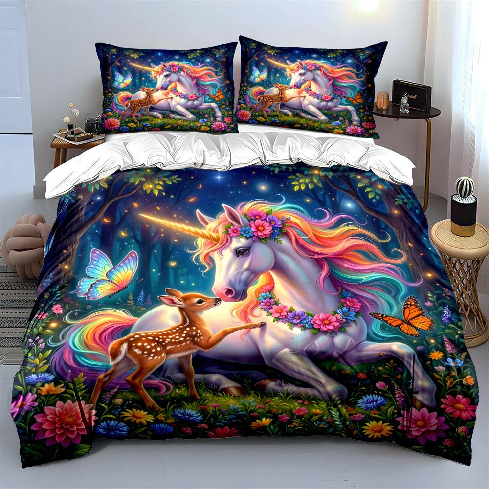 Enchanted unicorn and fawn in forest Pattern Duvet Cover Set Digital Print Colorful Polyester Bedding with Zipper Closur gifts