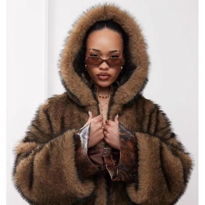 Womens Long Faux Fur Coat Winter Warm Hooded Jacket Street Style Outerwear