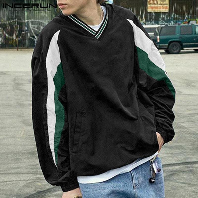 INCERUN Весенние мужские топы с V-образным вырезом и принтом, сшитые на заказ, с длинным рукавом, с завязками на подоле, футболки