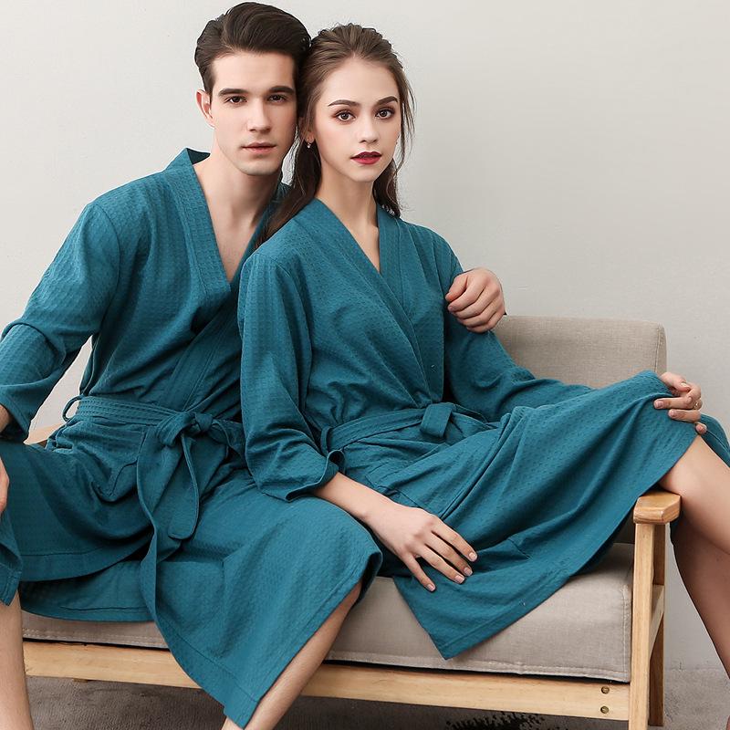 Spring-Summer Waffle Bathrobe: Unisex, Lightweight, 3/4 Sleeves, Korean Style, Absorbent