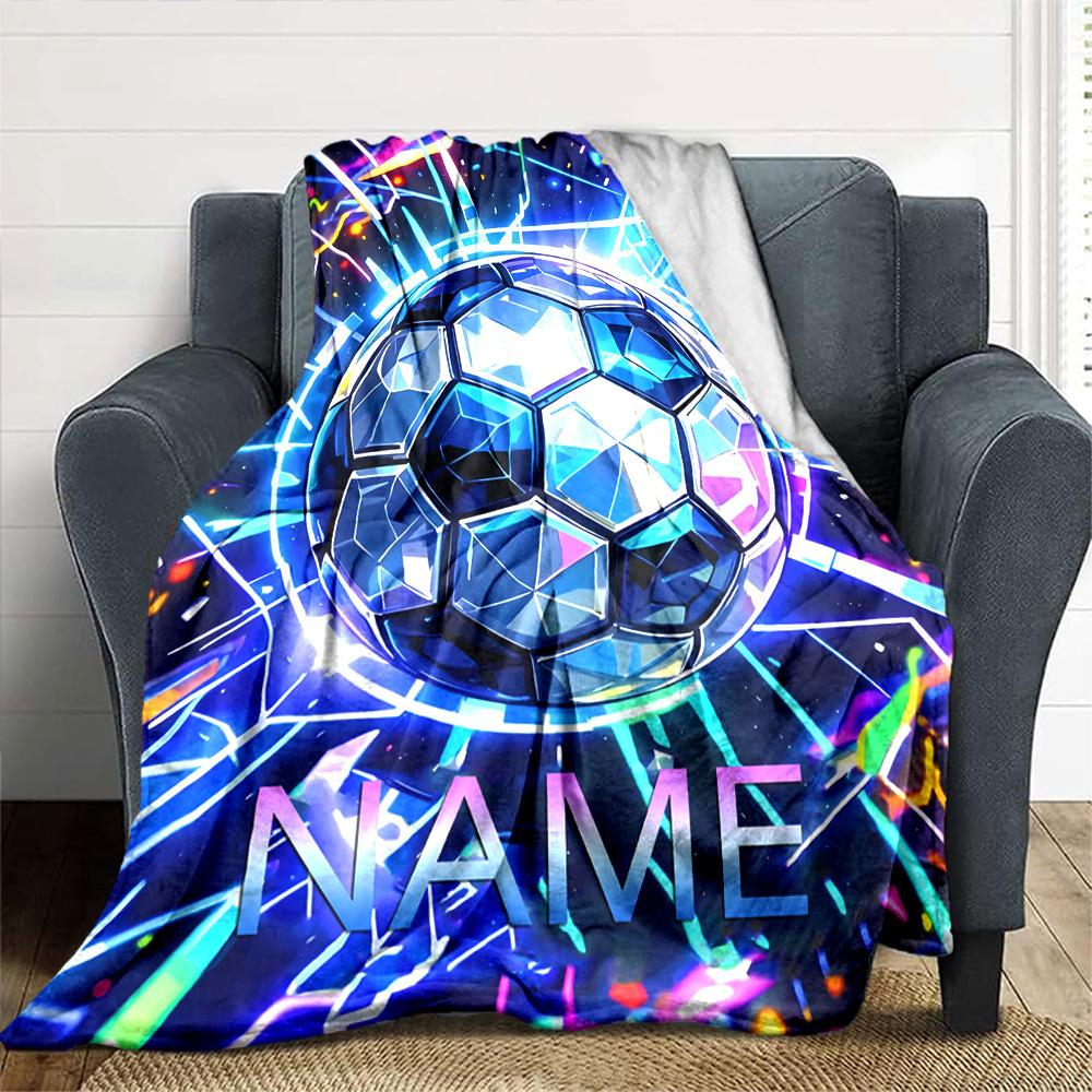 Vibrant Soccer Ball In Neon Light Multipurpose Personalized Blanket Personalized Name Durable Comfort Suitable For Sofa Couch Office Bed Picnics Four