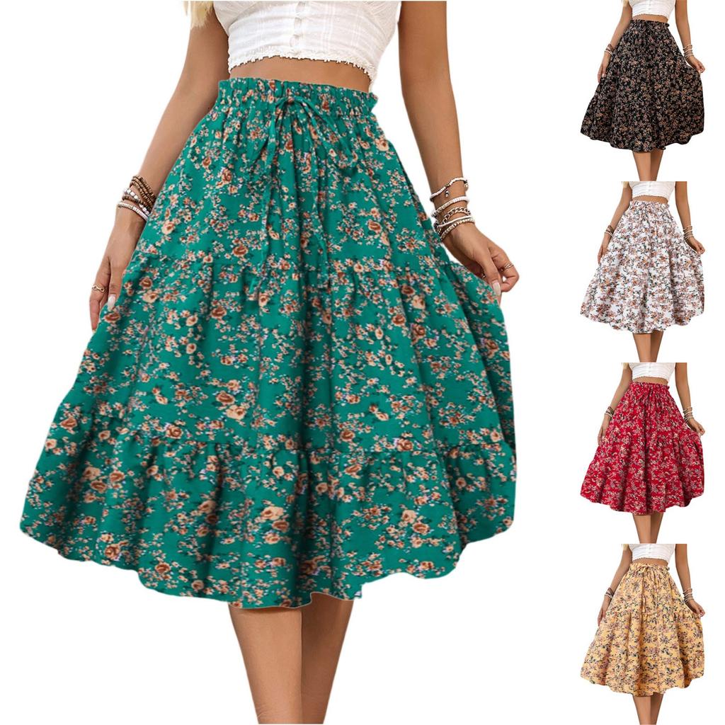 Women's Fashion Pleated Floral Print Elastic Waist Loose Lace Skirt