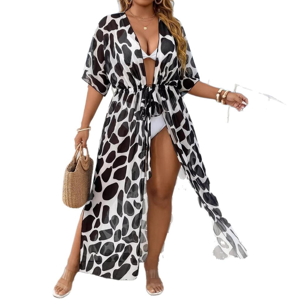 Женский кардиган оверсайз свободного кроя с рукавами летучая мышь, завязкой на талии, леопардовым принтом, сетчатый, пляжный, топ для бикини