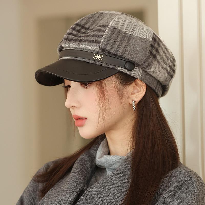 Autumn Hat Women's Leather Plaid Beret Versatile Face Cap Warm Octagonal Hat