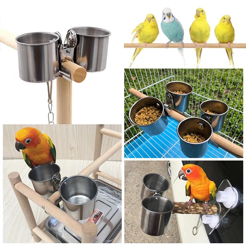 Bird Feeding Double Cups Stainless Steel Parrot Cage Stand Bird Feeder Box Parrot Cups Bowls Container For Food Water Feeding