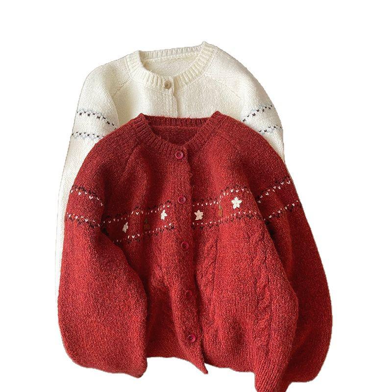 Женский вязаный кардиган с цветочной вышивкой 2024 - Весна/Осень, Круглый вырез, Однобортный дизайн