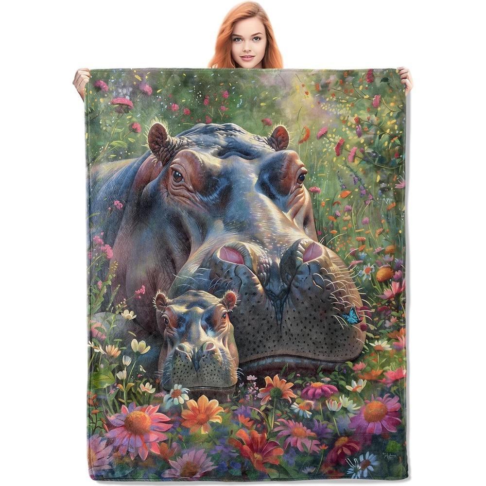 Hippo Family in Flower Field Blanket - Soft Flannel Throw with Hippo & Hippo Calf, All-Season Lightweight Bedspread,