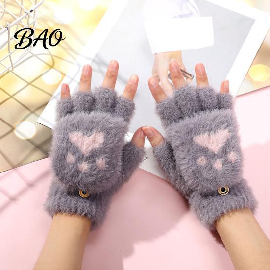 Cute Bear Paw Thermal Mittens Furry Cat Gloves, Flip Top Mitten with Button for Women, Winter Comfortable Indoor Outdoor Gloves Plush Half Finger
