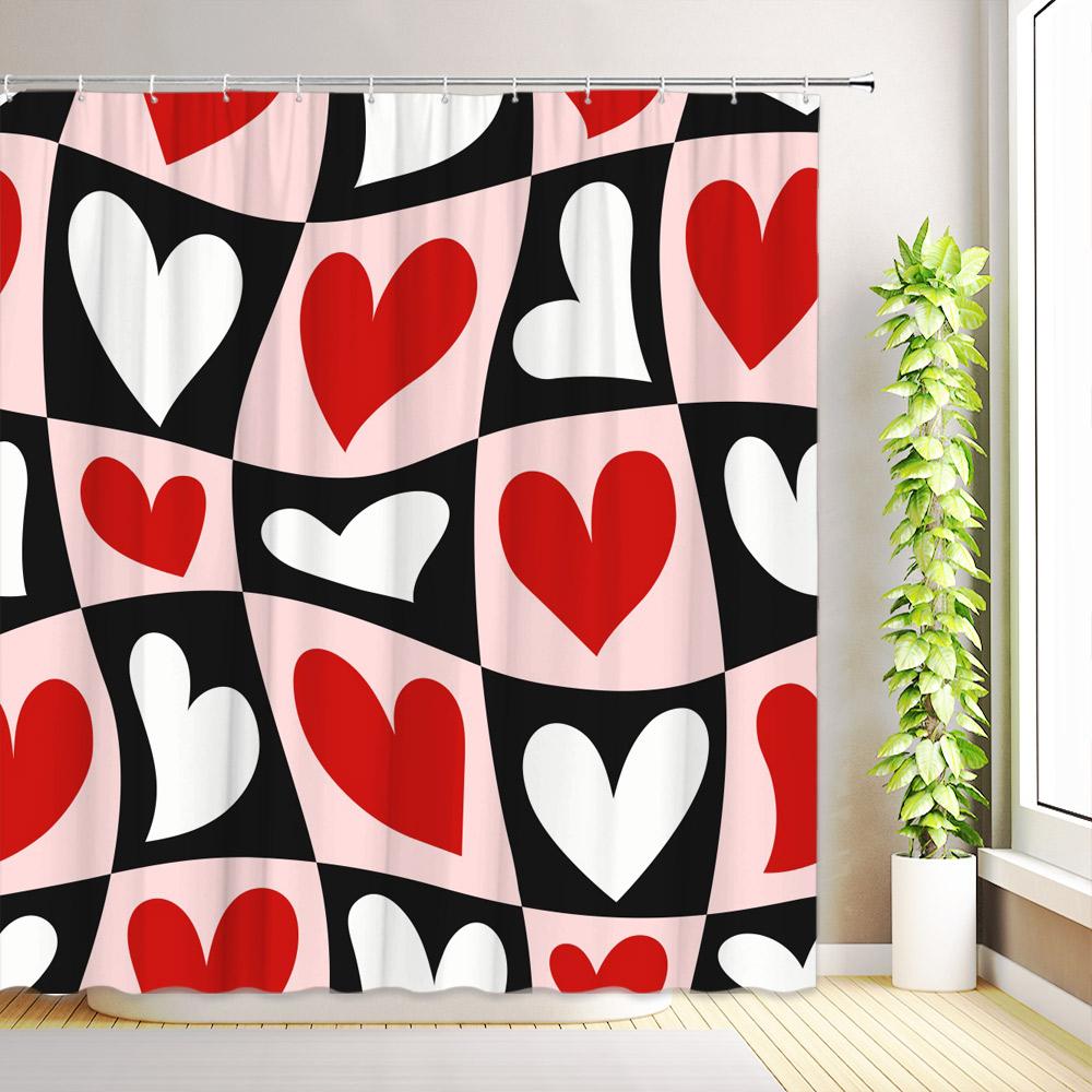 Valentine's Day Shower Curtain Romantic Pink Red Love Heart Rose Flower Mushroom Bathroom Decor Fabric Bath Curtain with Hooks