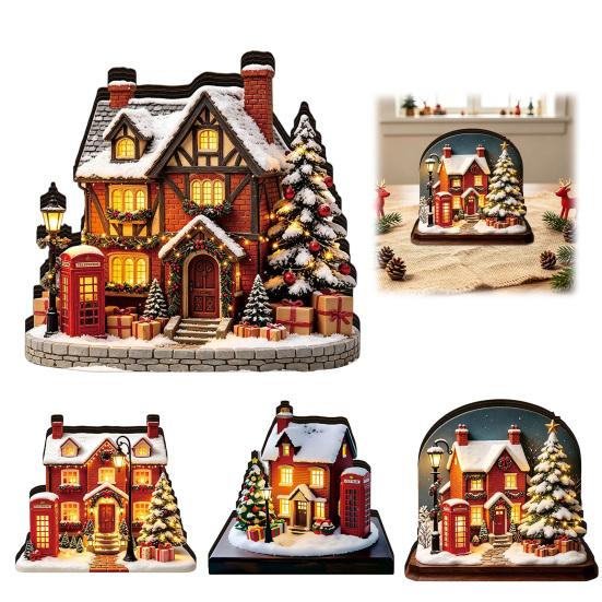 Wooden Festive Decorations Christmas Glowing House Ornament, LED Tabletop Decor for Holiday Party Supplies Village Display, Light Up Ornament Sets