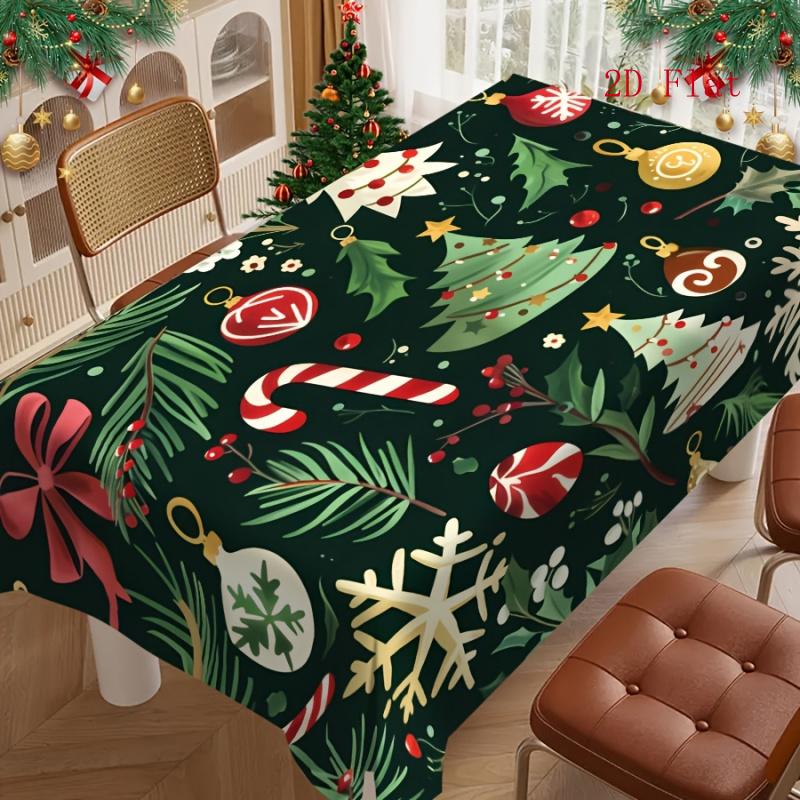 2D Flat 1pc Christmas-Themed Tablecloth, Printed with Trees, Bells, Candies, And Snowflake Patterns - Creates a Warm Festive Atmosphere for Parties, S