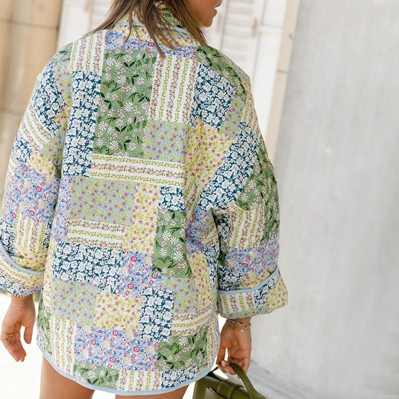 Warm Floral Print Cotton Jackets Woman Loose Stand Collar Patchwork Cardigan Autumn Elegant Female Outerwear Chic Thick Coats