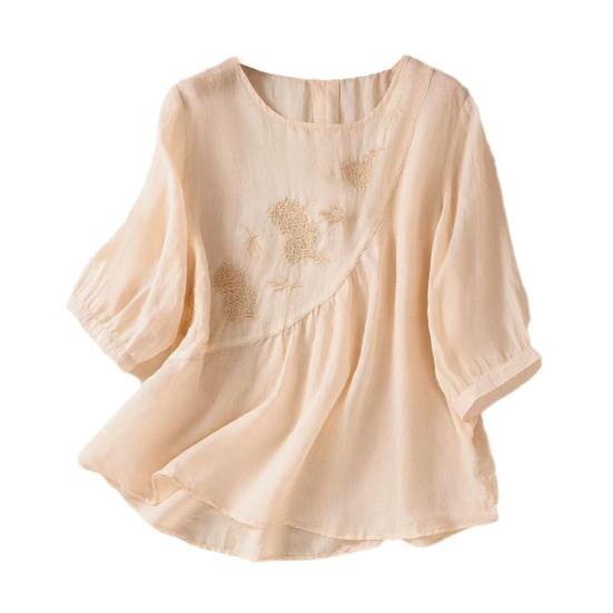 Женская повседневная рубашка с рукавом три четверти, асимметричный подол, вышитый цветочный узор, круглый вырез, однотонный топ