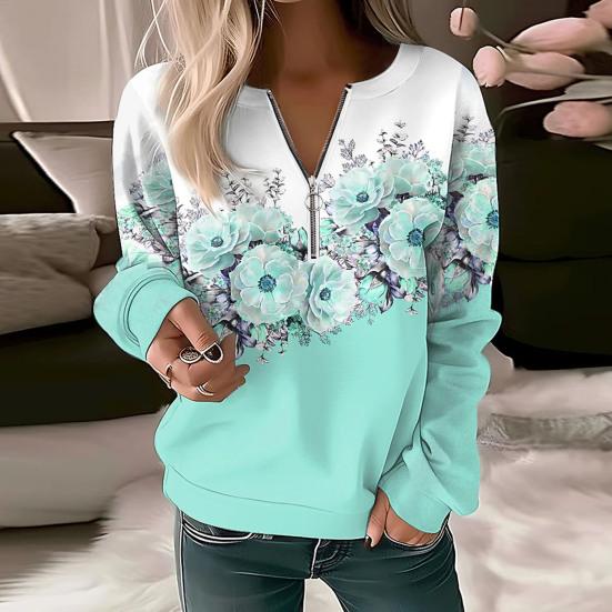 Женский осенне-весенний свитер с цветочным принтом, v-образный вырез, молния, декор, пуловер с длинными рукавами, мягкий повседневный толстый эластичный манжет, женский топ, блузка