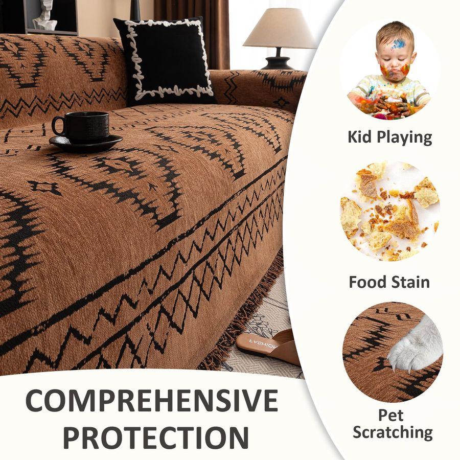 Bohemian Sofa Covers Chenille Couch Cover for Sectional Couch, Soft Non Slip Couch Covers for 3 Cushion Sofa Breathable Sofa Fur