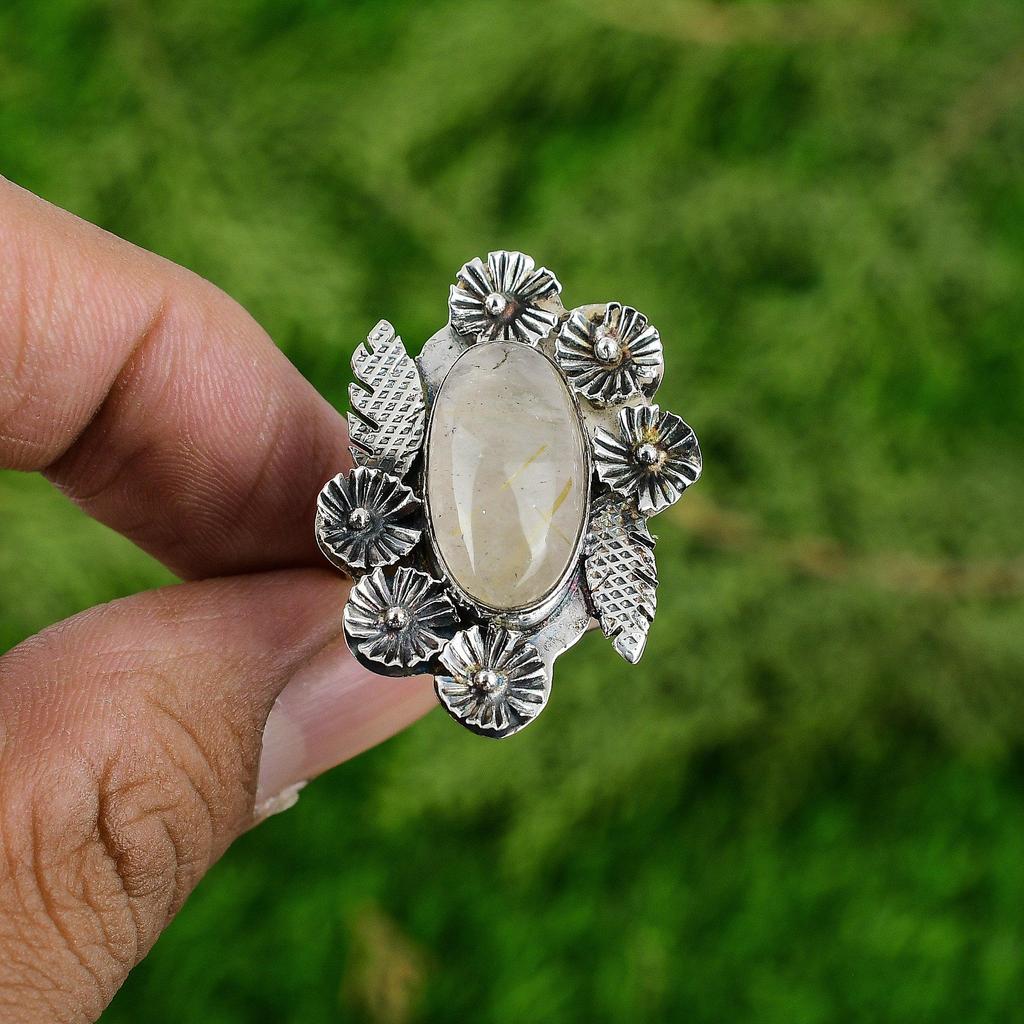 Gift For Her Natural Golden Rutile Multi Stone Flower Adjustable Ring 925 Silver