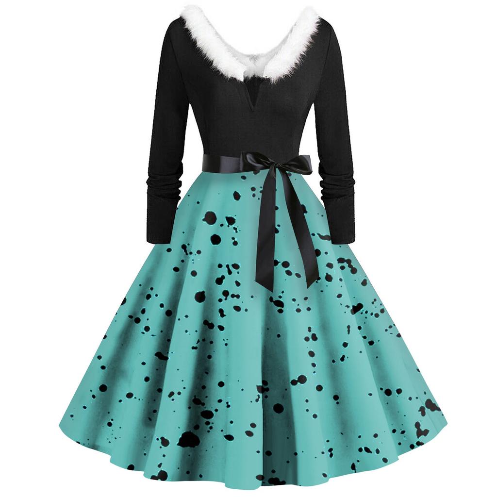 Женское повседневное и модное платье с длинными рукавами, V-образным вырезом и принтом в горошек, застегивающееся на молнию