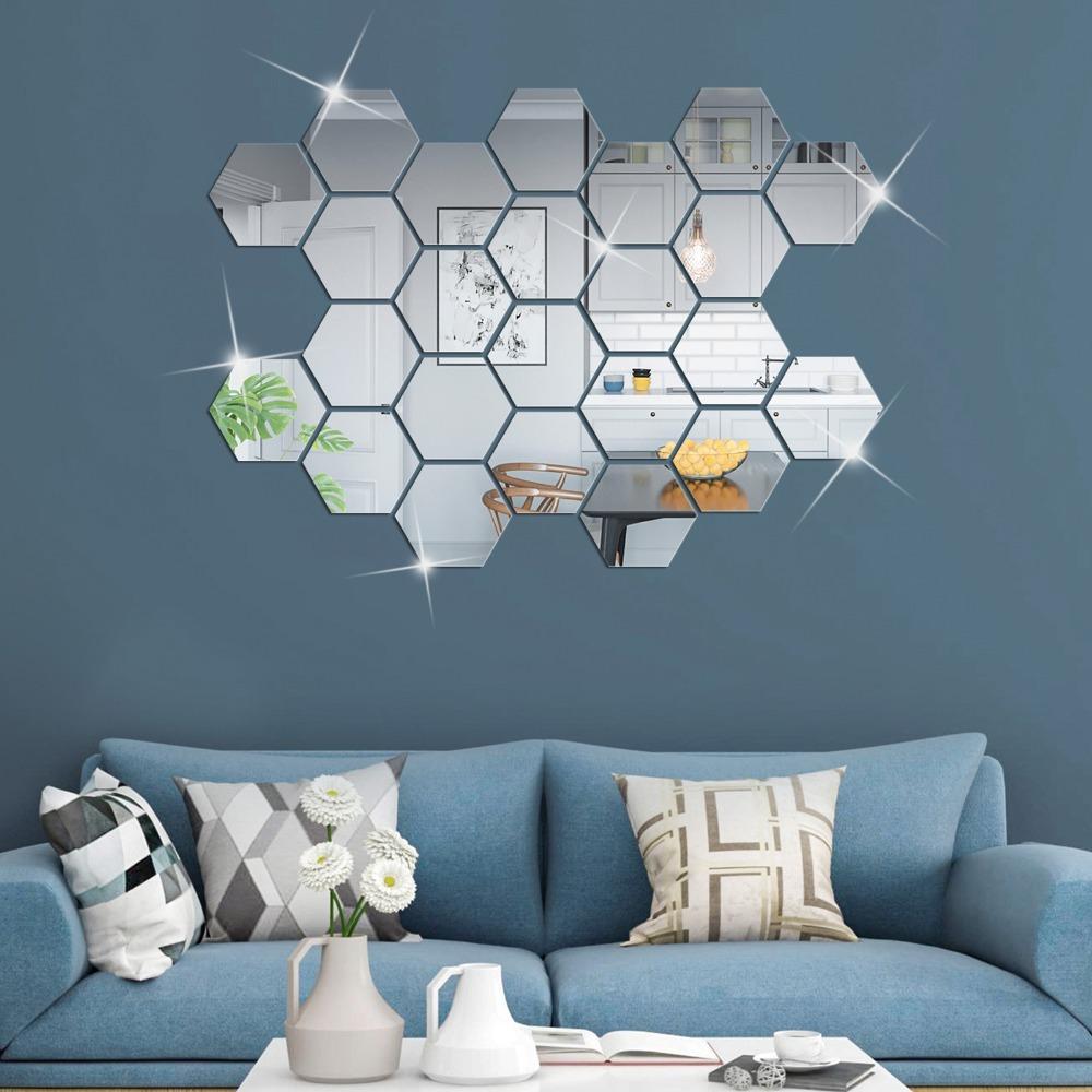 12pcs 3.15×2.76×1.57in Hexagon Mirror Wall Sticker Acrylic Self-adhesive Mirror Tile Office