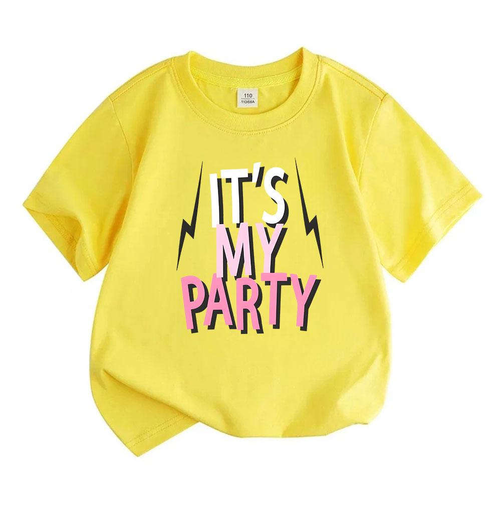 Kids Boys Girls 100% Cotton Crew Neck Short Sleeve T-Shirt, It's My Party Print Casual Summer Tee for Birthday Party Daily Wear