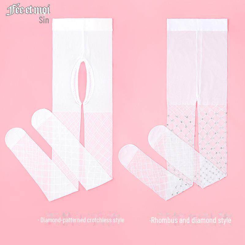 Колготки Feimu с открытой промежностью, украшенные бриллиантами - Белый шелк 7229