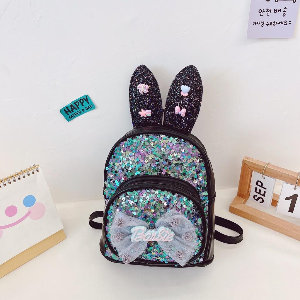 Letter Rabbit Ear Bow Sequin Childrens Backpack Zipper Design Layered Storage