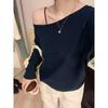 Navy Blue Hottie Sexy Off-shoulder Long-sleeved T-shirt for Women Off-shoulder Early Autumn Lazy Style Loose Slimming One-shoulder Top