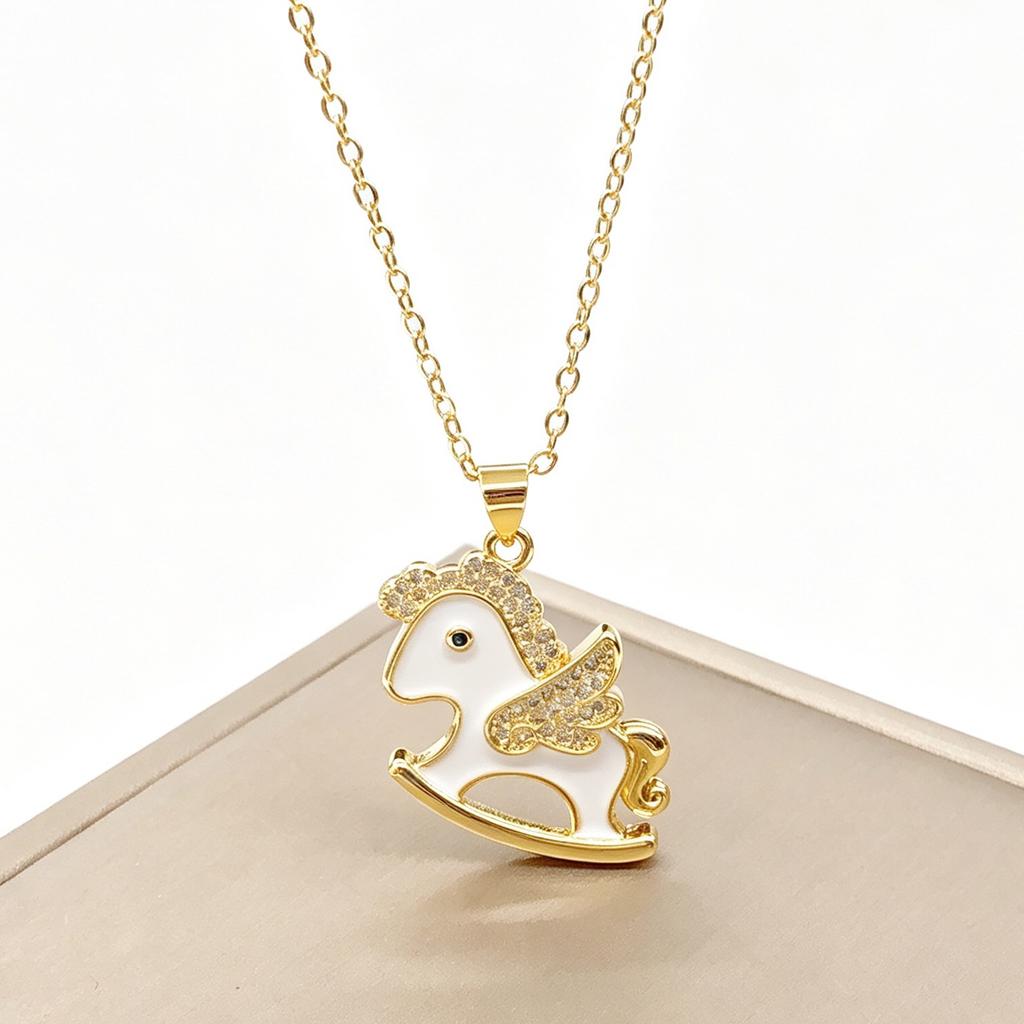 Gold Plated Cute Enamel Rocking Horse Pendant Necklace Zircon Winged Unicorn Necklace For Women Kids Party Birthday Jewelry Gift