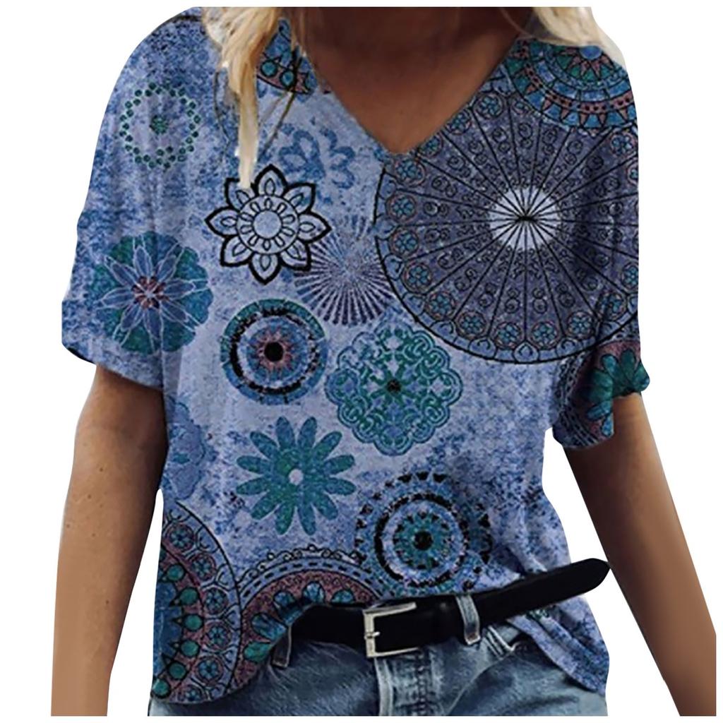 Women's Fashion Casual V-Neck Loose Comfortable Short Sleeve Print Tops Blouse