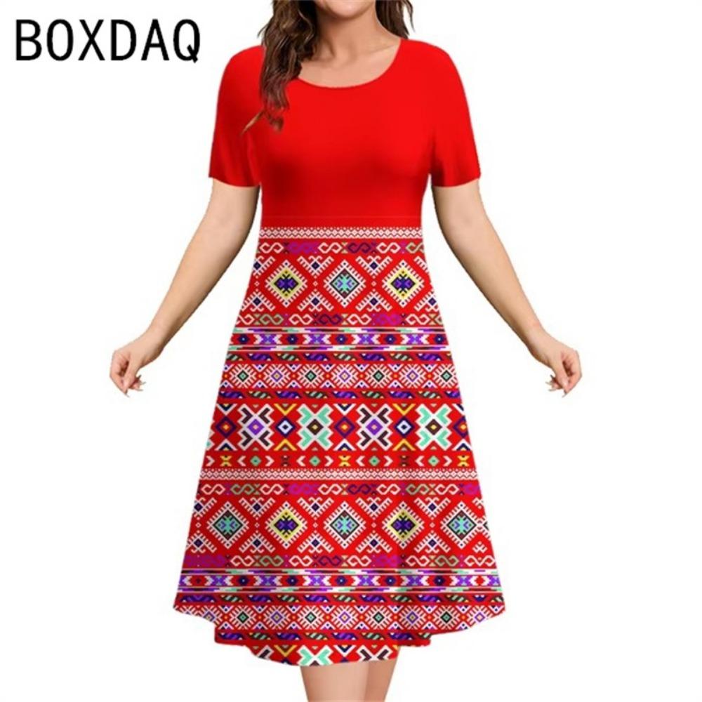Элегантное А-силуэтное платье 3XL, женское, с коротким рукавом, круглым вырезом, повседневное, с винтажным этническим стилем, оверсайз, с принтом в виде букв