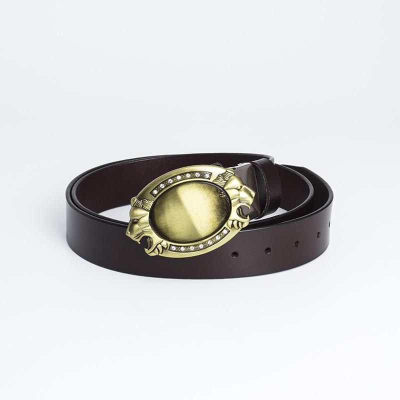 Simple and Fashionable Adult Belt Zinc Alloy Lion Head Diamond Plate Belt Whole Cowhide Four-season Retro Belt