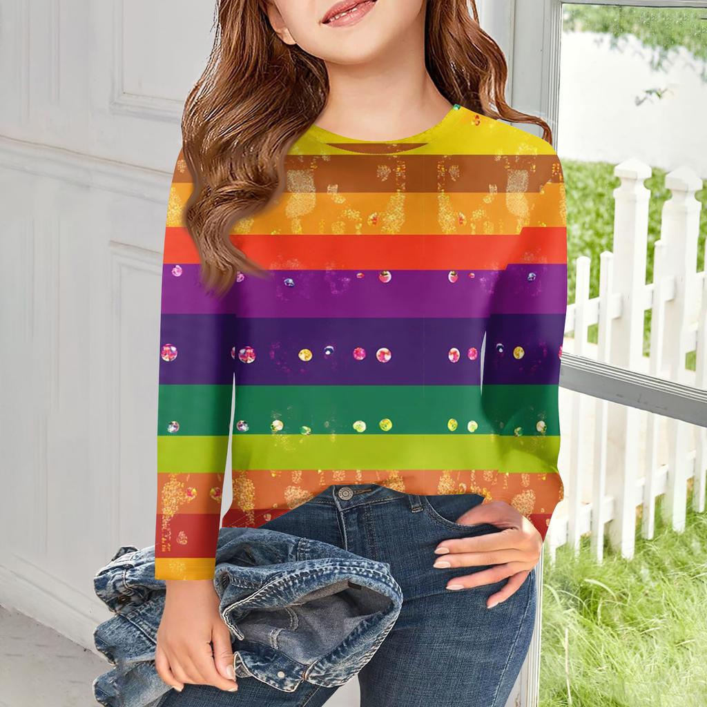 Футболки с длинным рукавом для девочек, детские осенние топы, с круглым вырезом, с принтом, базовые футболки